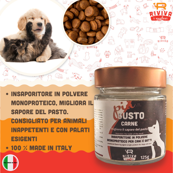 Speciale insaporitore in polvere appetizzante per cani e gatti gusto carne, ideale per animali inappetenti, pratico e veloce