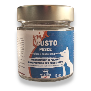 Speciale insaporitore in polvere appetizzante per cani e gatti gusto pesce, ideale per animali inappetenti, pratico e veloce
